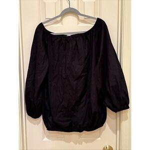 Large Peasant Top Black Cotton Round Neck Elastic Hem Boho Cottage Old Money